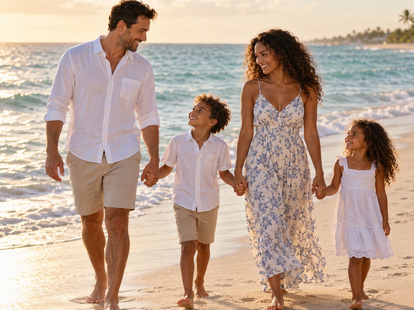A family walking together on the beach at sunset
