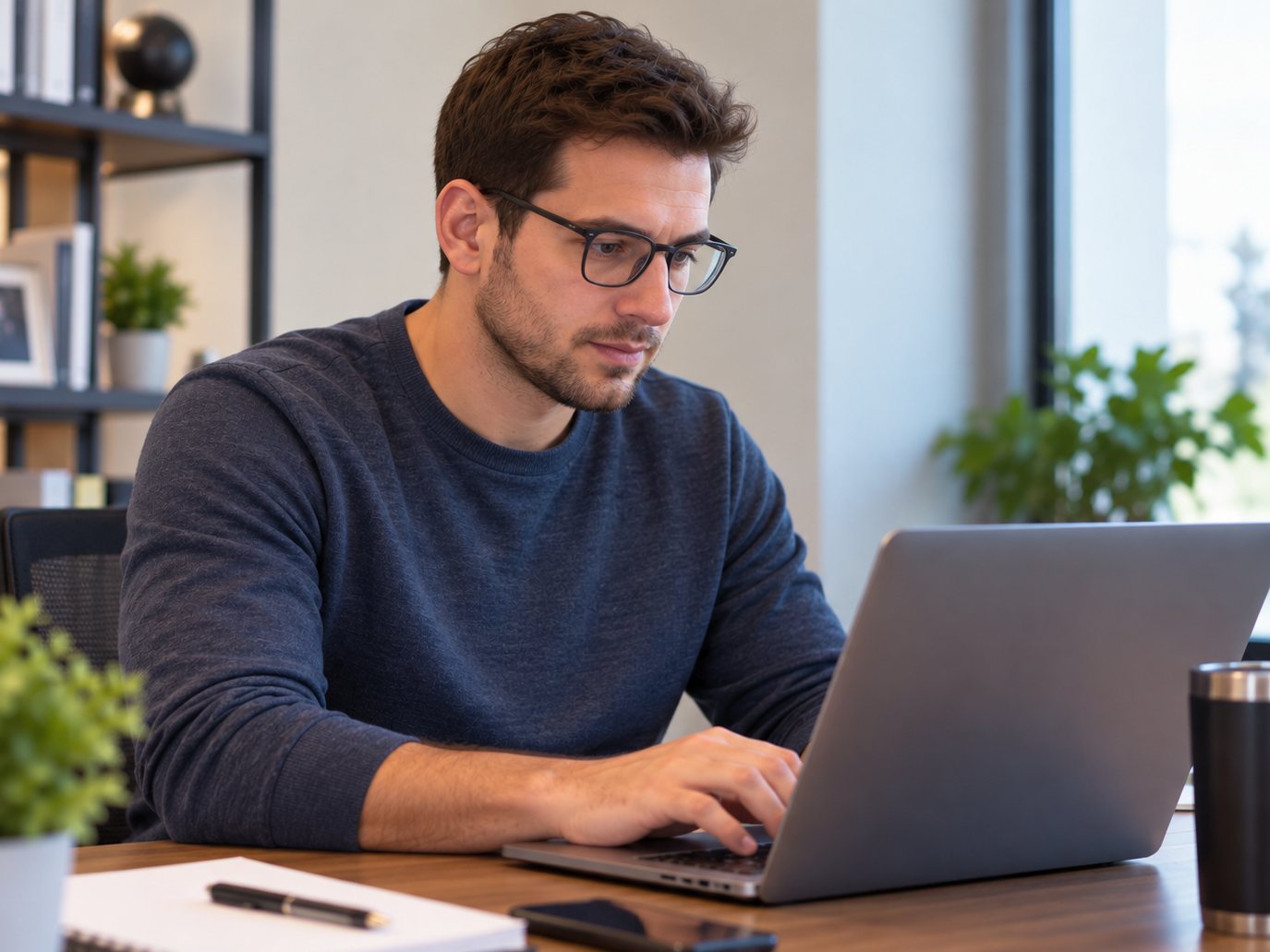 A self-employed professional working from a home office